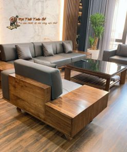 Bộ Sofa và bàn trà gỗ Óc Chó kết hợp da bò thuộc thật 100% - Dự án nhà anh Sơn, Làng Việt Kiều Châu Âu
